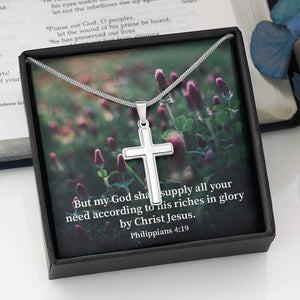 Scripture Card All You Need Faith Philippians 4:19 Cross Card Necklace w Stainless Steel Pendant Religious Gift-Express Your Love Gifts