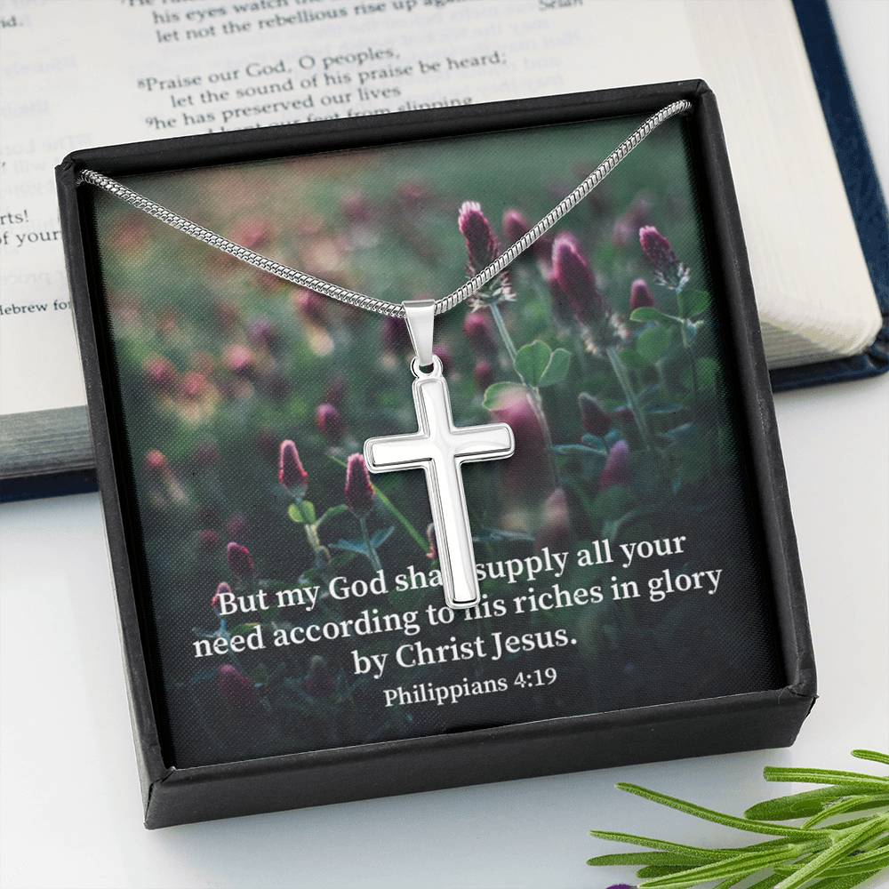 Scripture Card All You Need Faith Philippians 4:19 Cross Card Necklace w Stainless Steel Pendant Religious Gift-Express Your Love Gifts