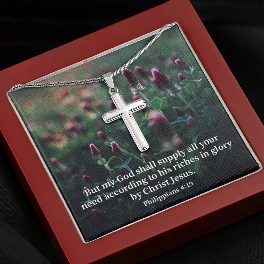 Scripture Card All You Need Faith Philippians 4:19 Cross Card Necklace w Stainless Steel Pendant Religious Gift-Express Your Love Gifts