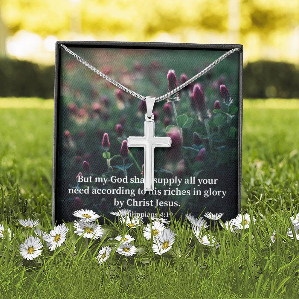 Scripture Card All You Need Faith Philippians 4:19 Cross Card Necklace w Stainless Steel Pendant Religious Gift-Express Your Love Gifts