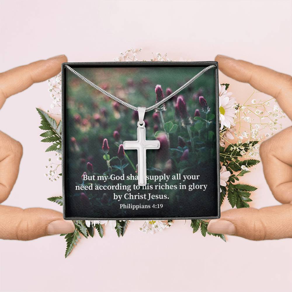 Scripture Card All You Need Faith Philippians 4:19 Cross Card Necklace w Stainless Steel Pendant Religious Gift-Express Your Love Gifts