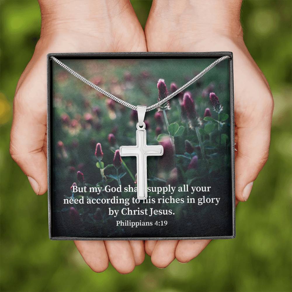 Scripture Card All You Need Faith Philippians 4:19 Cross Card Necklace w Stainless Steel Pendant Religious Gift-Express Your Love Gifts