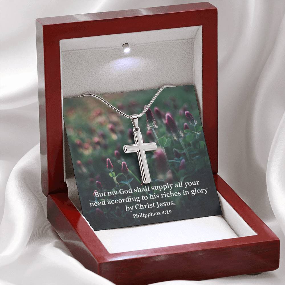 Scripture Card All You Need Faith Philippians 4:19 Cross Card Necklace w Stainless Steel Pendant Religious Gift-Express Your Love Gifts