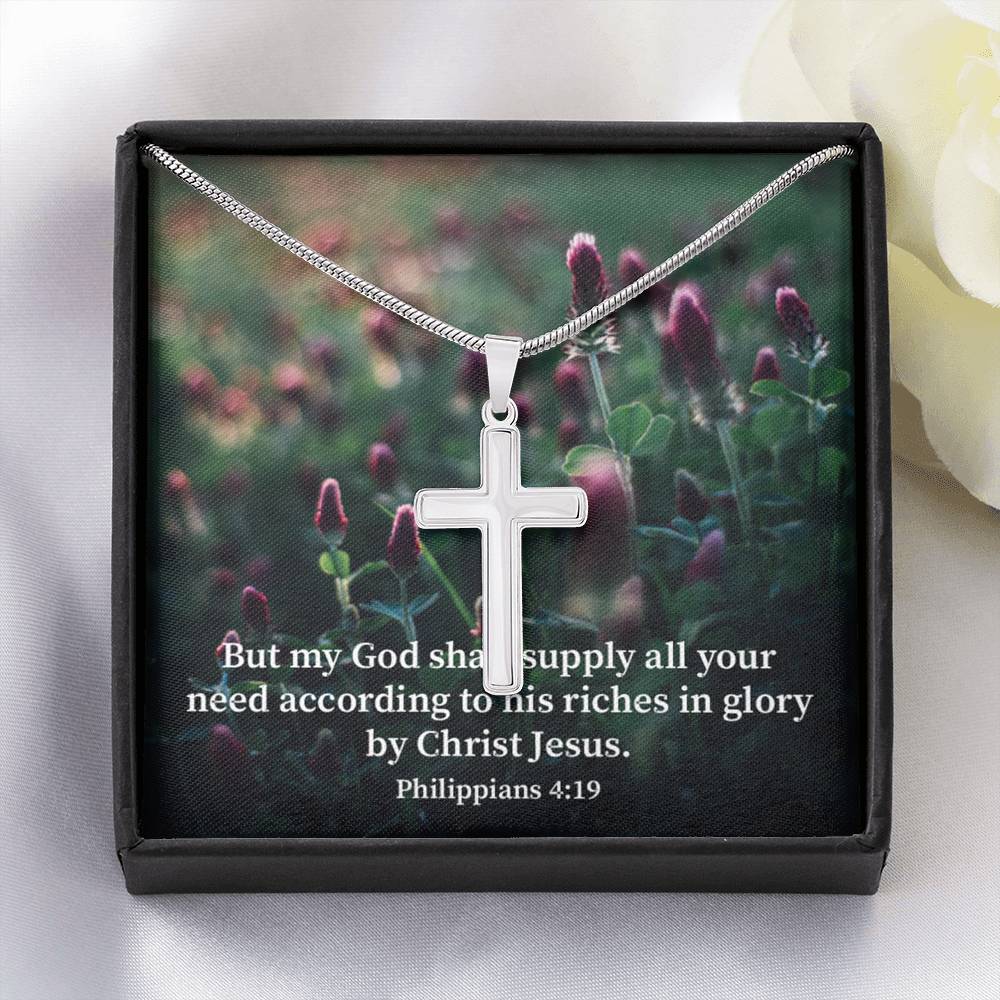 Scripture Card All You Need Faith Philippians 4:19 Cross Card Necklace w Stainless Steel Pendant Religious Gift-Express Your Love Gifts