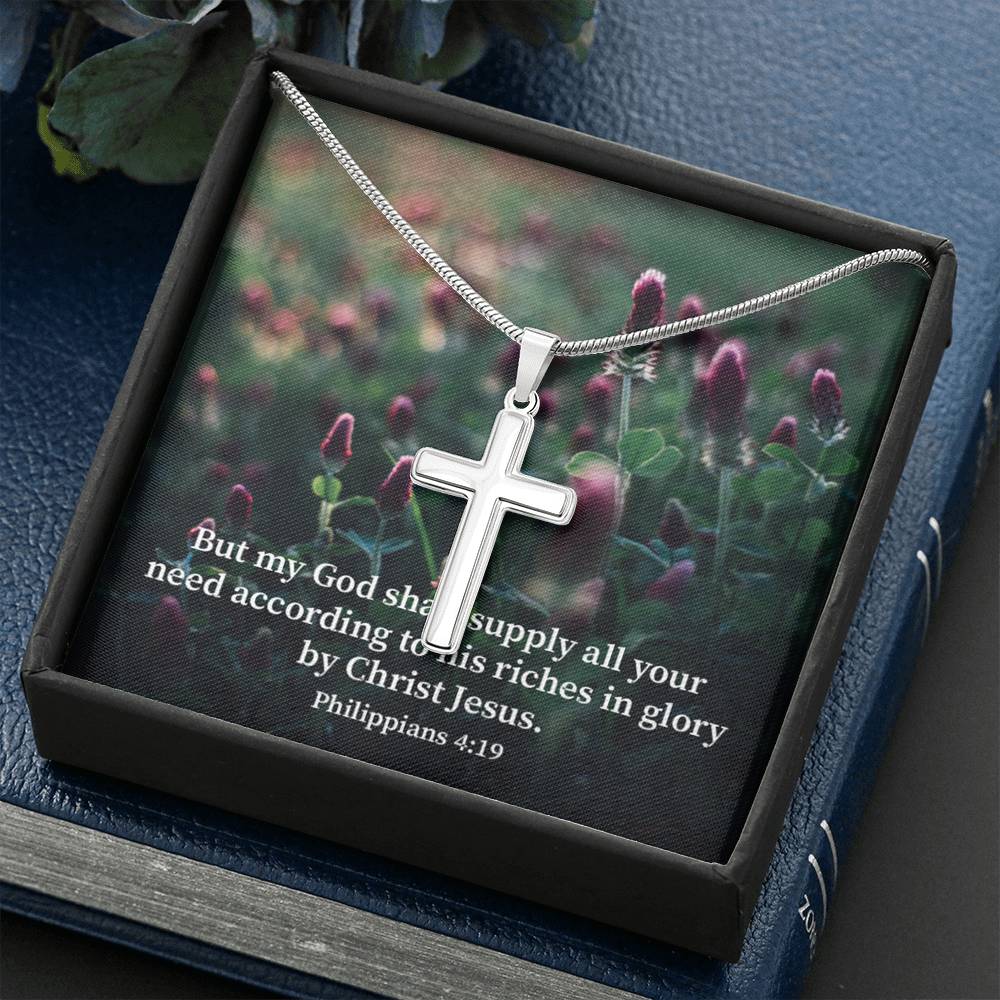 Scripture Card All You Need Faith Philippians 4:19 Cross Card Necklace w Stainless Steel Pendant Religious Gift-Express Your Love Gifts