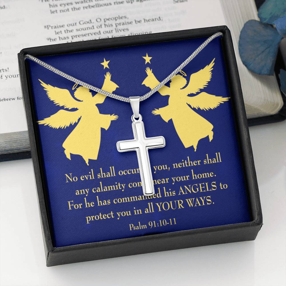 Scripture Card Angels Psalm 91:10-11 Cross Card Necklace w Stainless Steel Pendant Religious Gift-Express Your Love Gifts