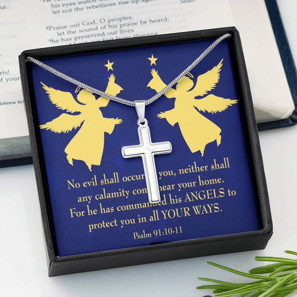 Scripture Card Angels Psalm 91:10-11 Cross Card Necklace w Stainless Steel Pendant Religious Gift-Express Your Love Gifts