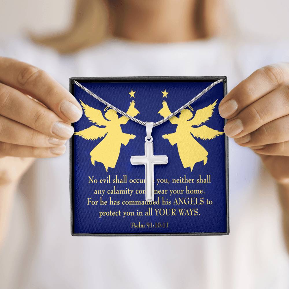 Scripture Card Angels Psalm 91:10-11 Cross Card Necklace w Stainless Steel Pendant Religious Gift-Express Your Love Gifts