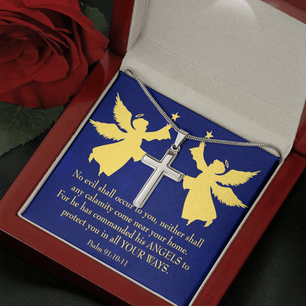 Scripture Card Angels Psalm 91:10-11 Cross Card Necklace w Stainless Steel Pendant Religious Gift-Express Your Love Gifts