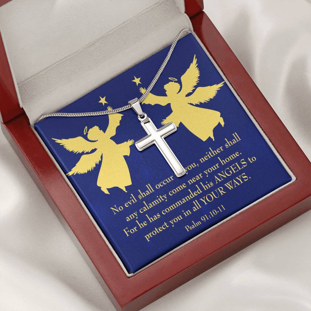 Scripture Card Angels Psalm 91:10-11 Cross Card Necklace w Stainless Steel Pendant Religious Gift-Express Your Love Gifts