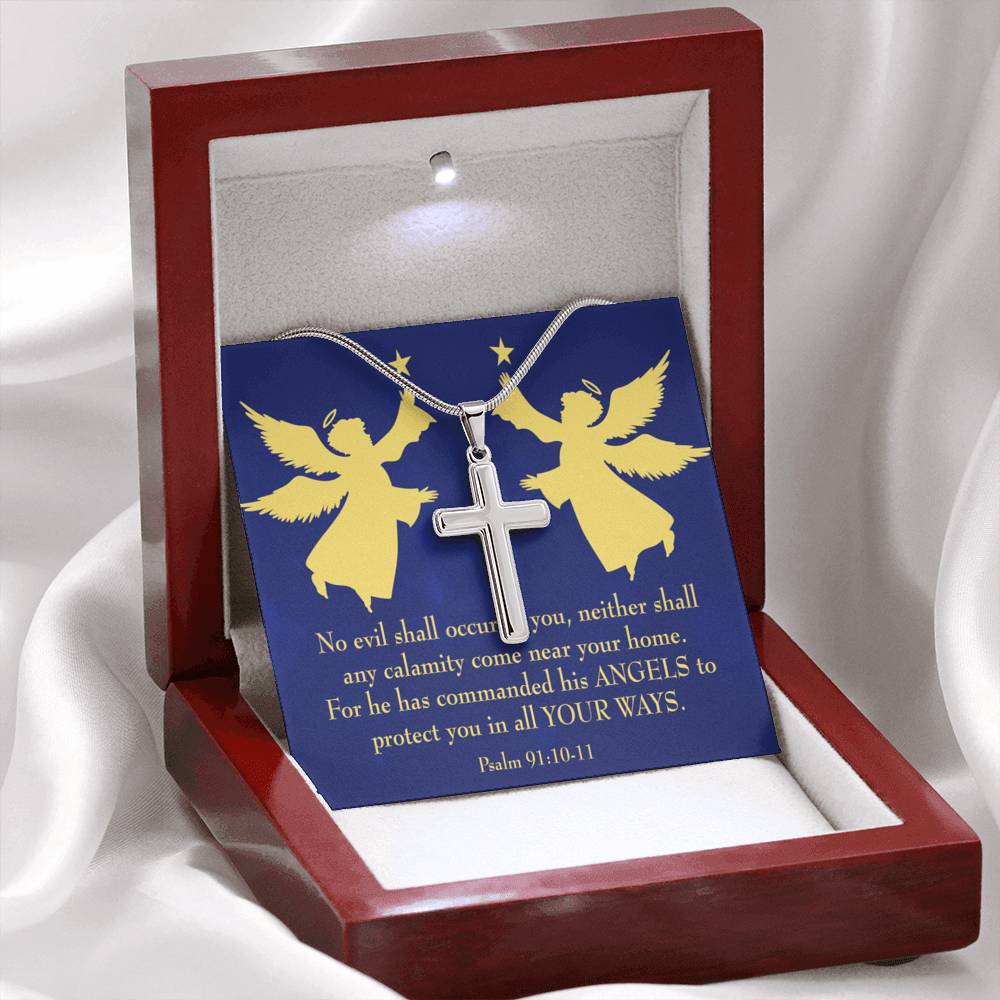 Scripture Card Angels Psalm 91:10-11 Cross Card Necklace w Stainless Steel Pendant Religious Gift-Express Your Love Gifts