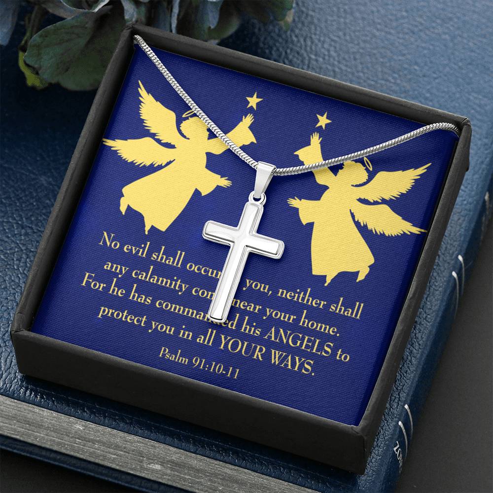 Scripture Card Angels Psalm 91:10-11 Cross Card Necklace w Stainless Steel Pendant Religious Gift-Express Your Love Gifts