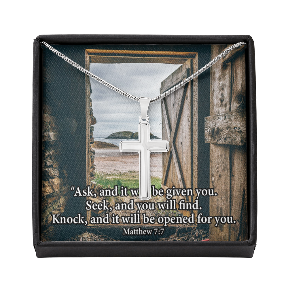 Scripture Card Ask &amp; You Shall Receive Matthew 7:7 Cross Card Necklace w Stainless Steel Pendant Religious Gift-Express Your Love Gifts