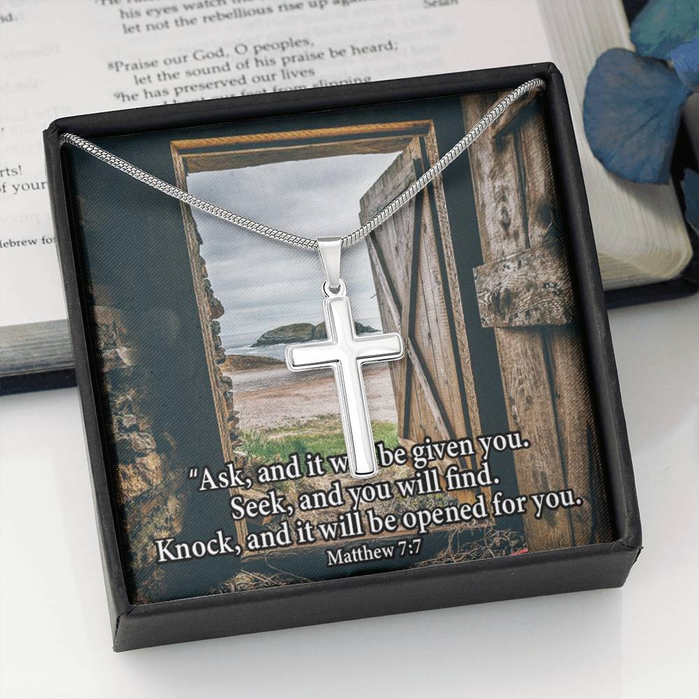 Scripture Card Ask & You Shall Receive Matthew 7:7 Cross Card Necklace w Stainless Steel Pendant Religious Gift-Express Your Love Gifts