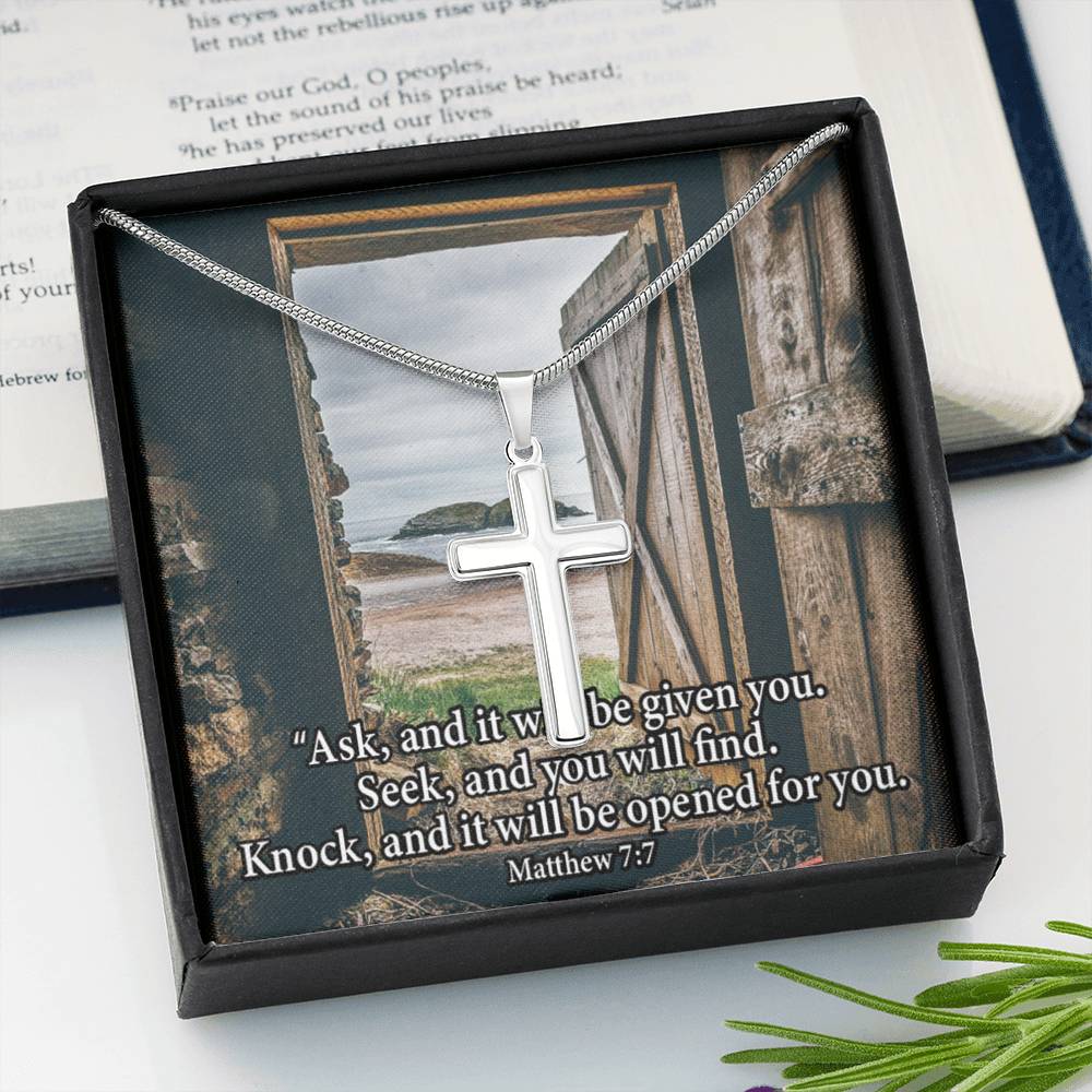 Scripture Card Ask & You Shall Receive Matthew 7:7 Cross Card Necklace w Stainless Steel Pendant Religious Gift-Express Your Love Gifts