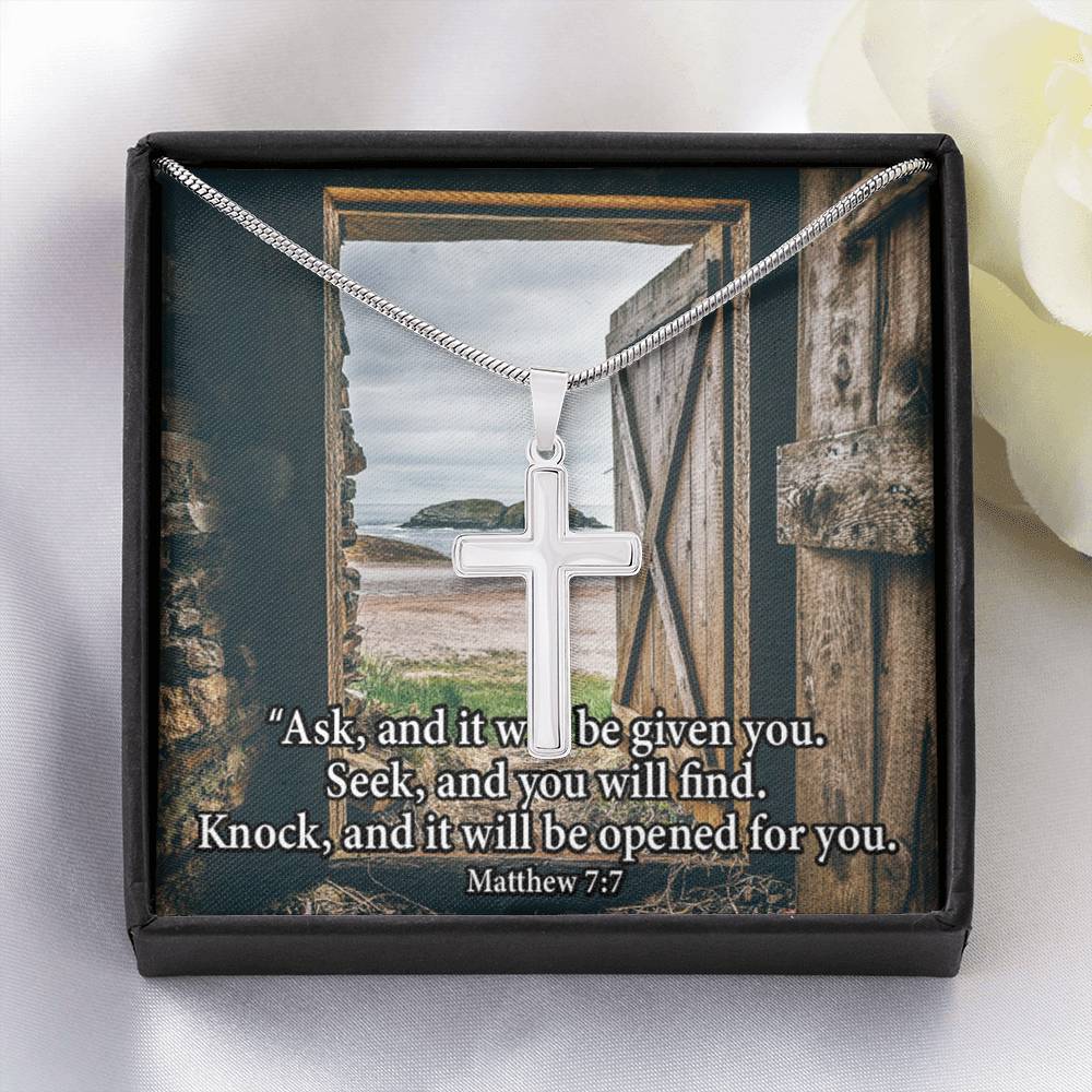 Scripture Card Ask & You Shall Receive Matthew 7:7 Cross Card Necklace w Stainless Steel Pendant Religious Gift-Express Your Love Gifts