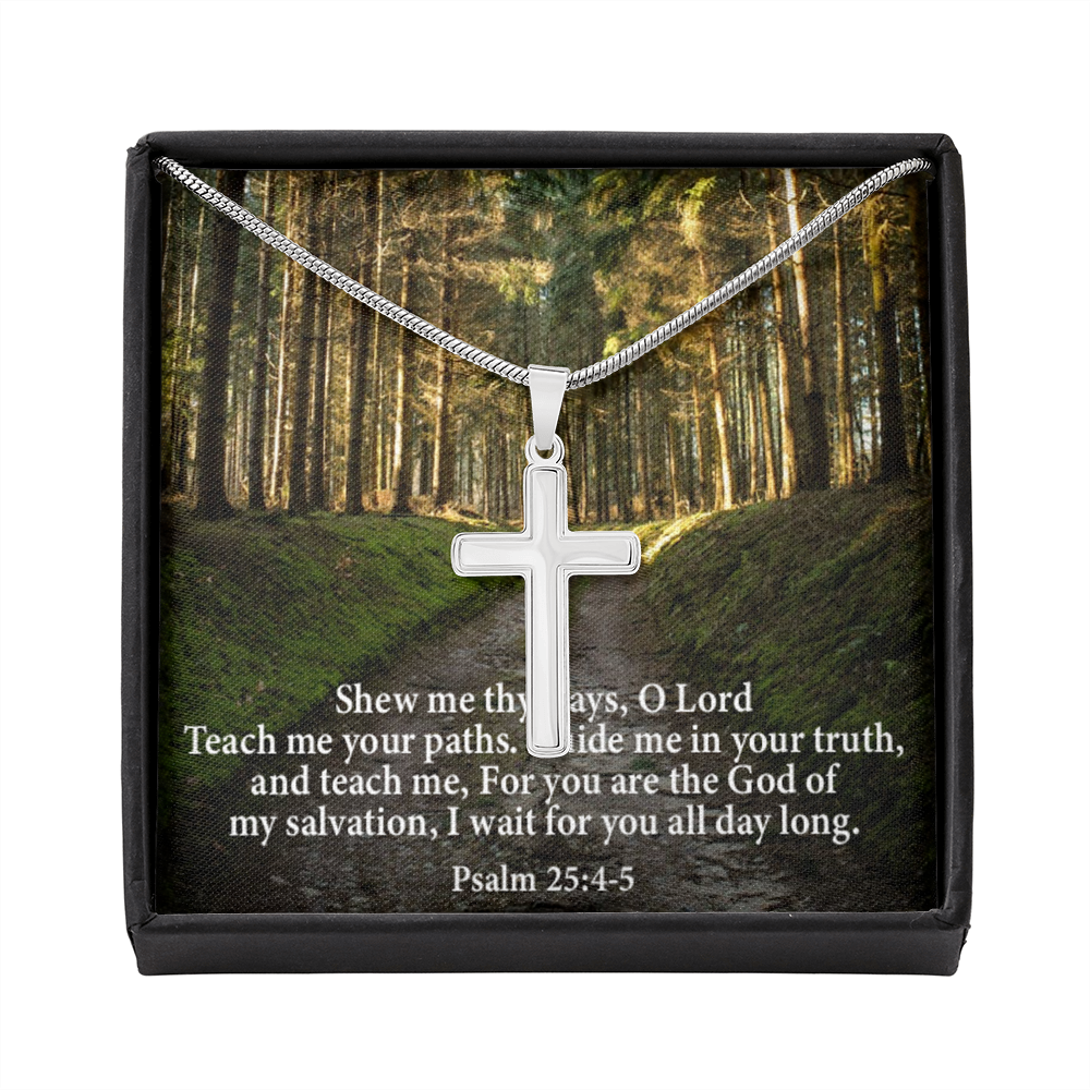 Scripture Card Baptism Psalm 25:4-5 Cross Necklace Faith Stainless Steel Pendant Religious Gift-Express Your Love Gifts