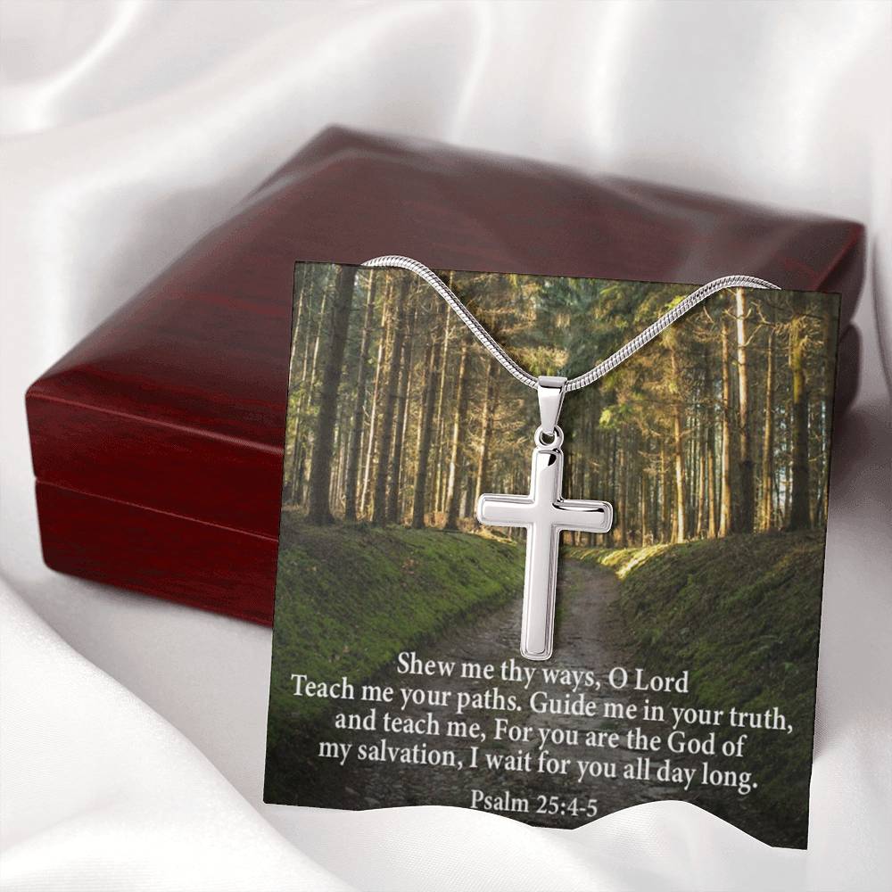 Scripture Card Baptism Psalm 25:4-5 Cross Necklace Faith Stainless Steel Pendant Religious Gift-Express Your Love Gifts