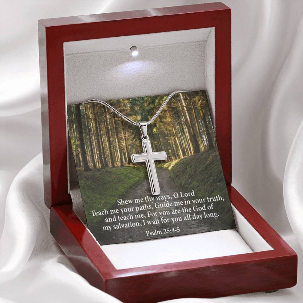Scripture Card Baptism Psalm 25:4-5 Cross Necklace Faith Stainless Steel Pendant Religious Gift-Express Your Love Gifts