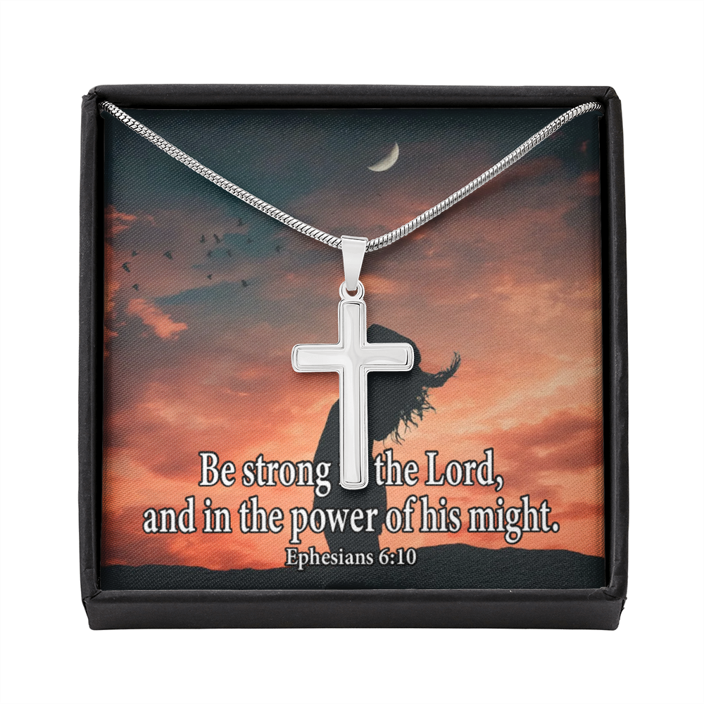 Scripture Card Be Strong In The Lord Ephesians 6:10 Cross Card Necklace w Stainless Steel Pendant-Express Your Love Gifts