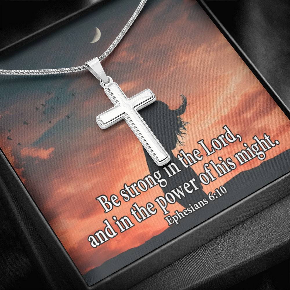 Scripture Card Be Strong In The Lord Ephesians 6:10 Cross Card Necklace w Stainless Steel Pendant-Express Your Love Gifts