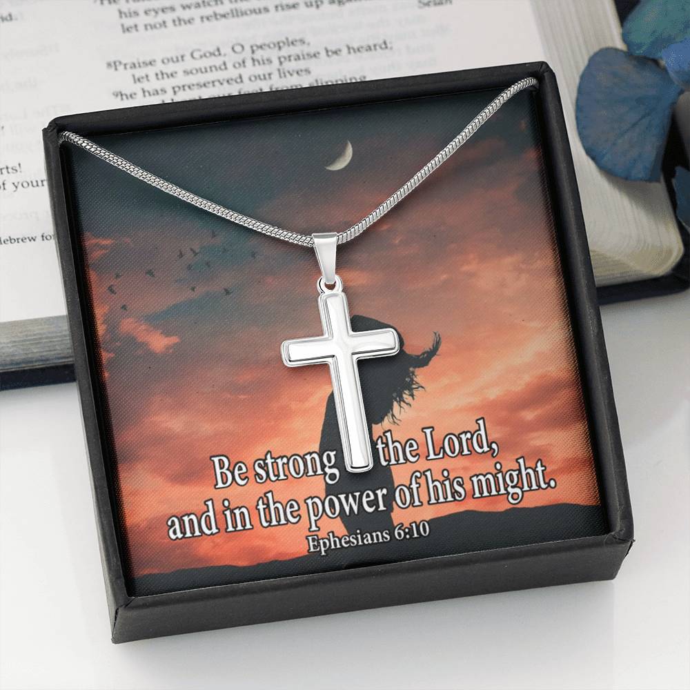 Scripture Card Be Strong In The Lord Ephesians 6:10 Cross Card Necklace w Stainless Steel Pendant-Express Your Love Gifts