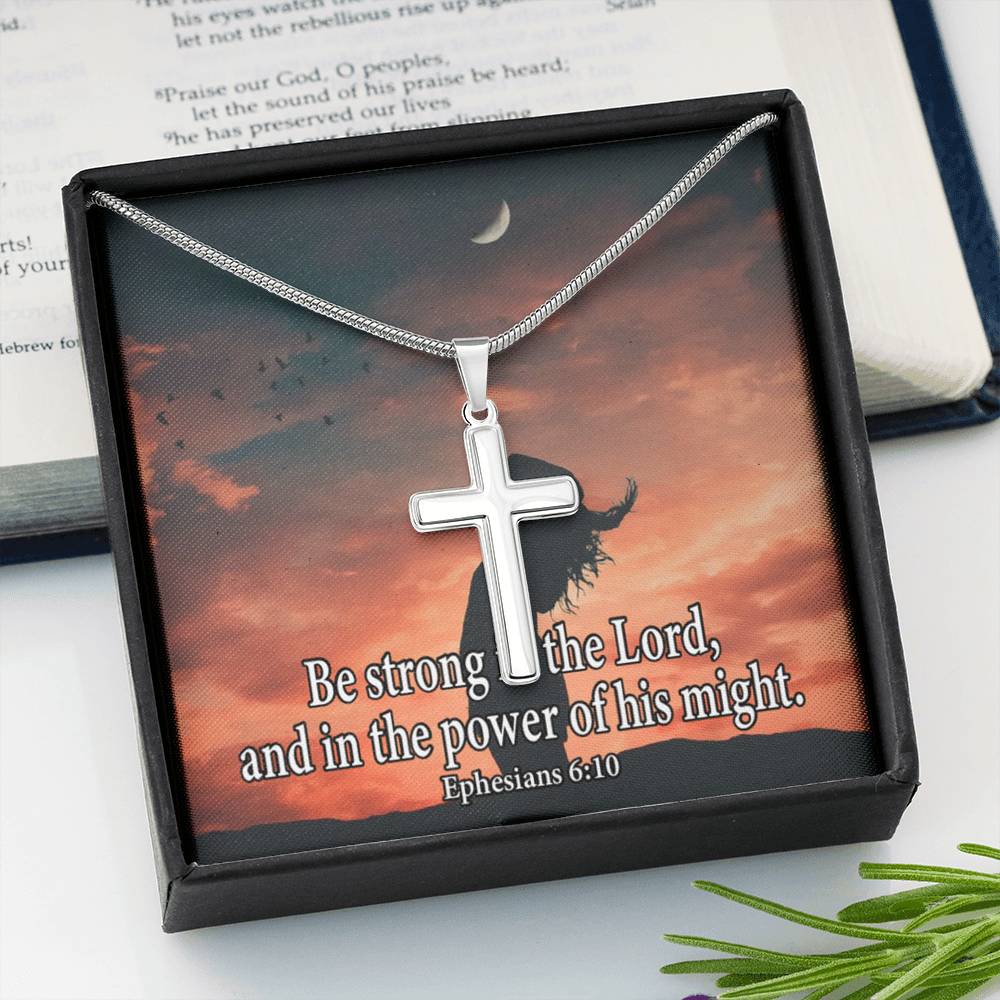 Scripture Card Be Strong In The Lord Ephesians 6:10 Cross Card Necklace w Stainless Steel Pendant-Express Your Love Gifts