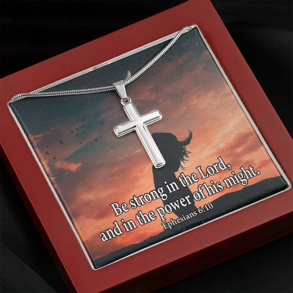 Scripture Card Be Strong In The Lord Ephesians 6:10 Cross Card Necklace w Stainless Steel Pendant-Express Your Love Gifts