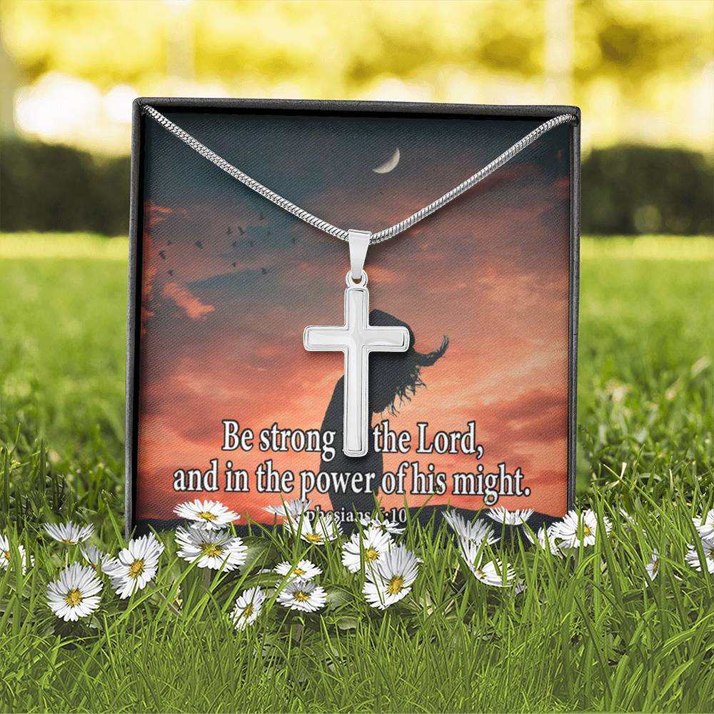 Scripture Card Be Strong In The Lord Ephesians 6:10 Cross Card Necklace w Stainless Steel Pendant-Express Your Love Gifts