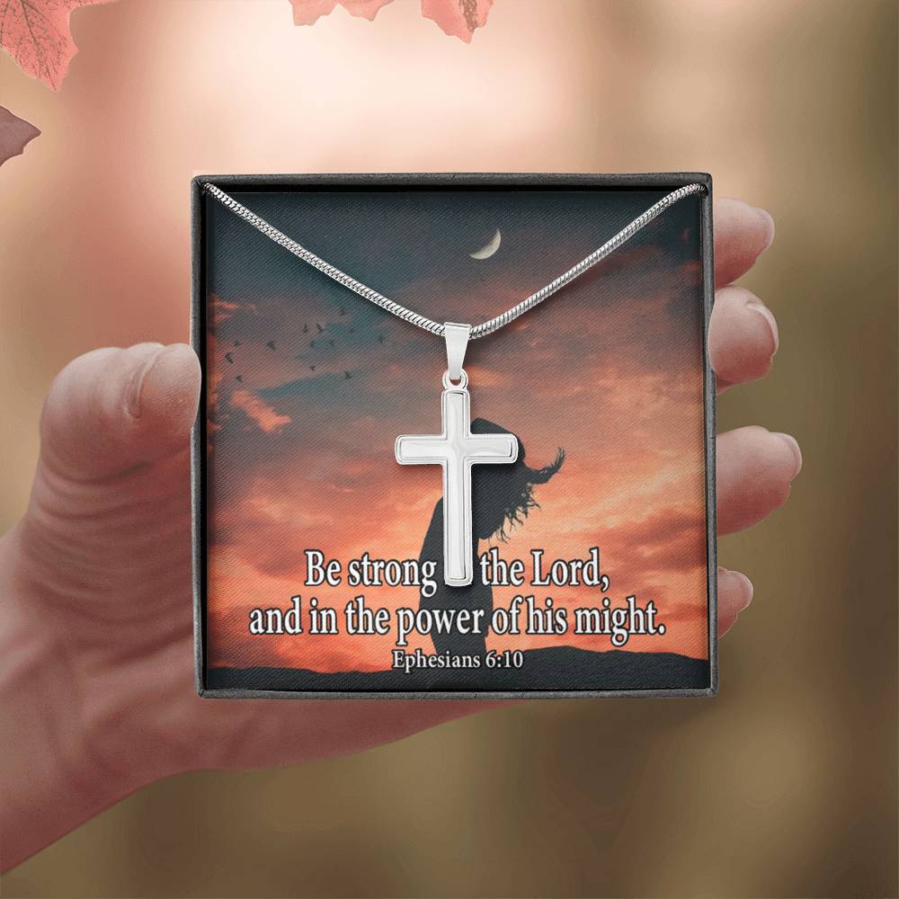 Scripture Card Be Strong In The Lord Ephesians 6:10 Cross Card Necklace w Stainless Steel Pendant-Express Your Love Gifts