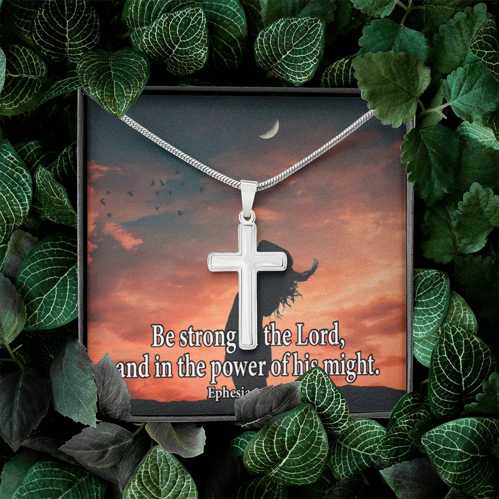 Scripture Card Be Strong In The Lord Ephesians 6:10 Cross Card Necklace w Stainless Steel Pendant-Express Your Love Gifts