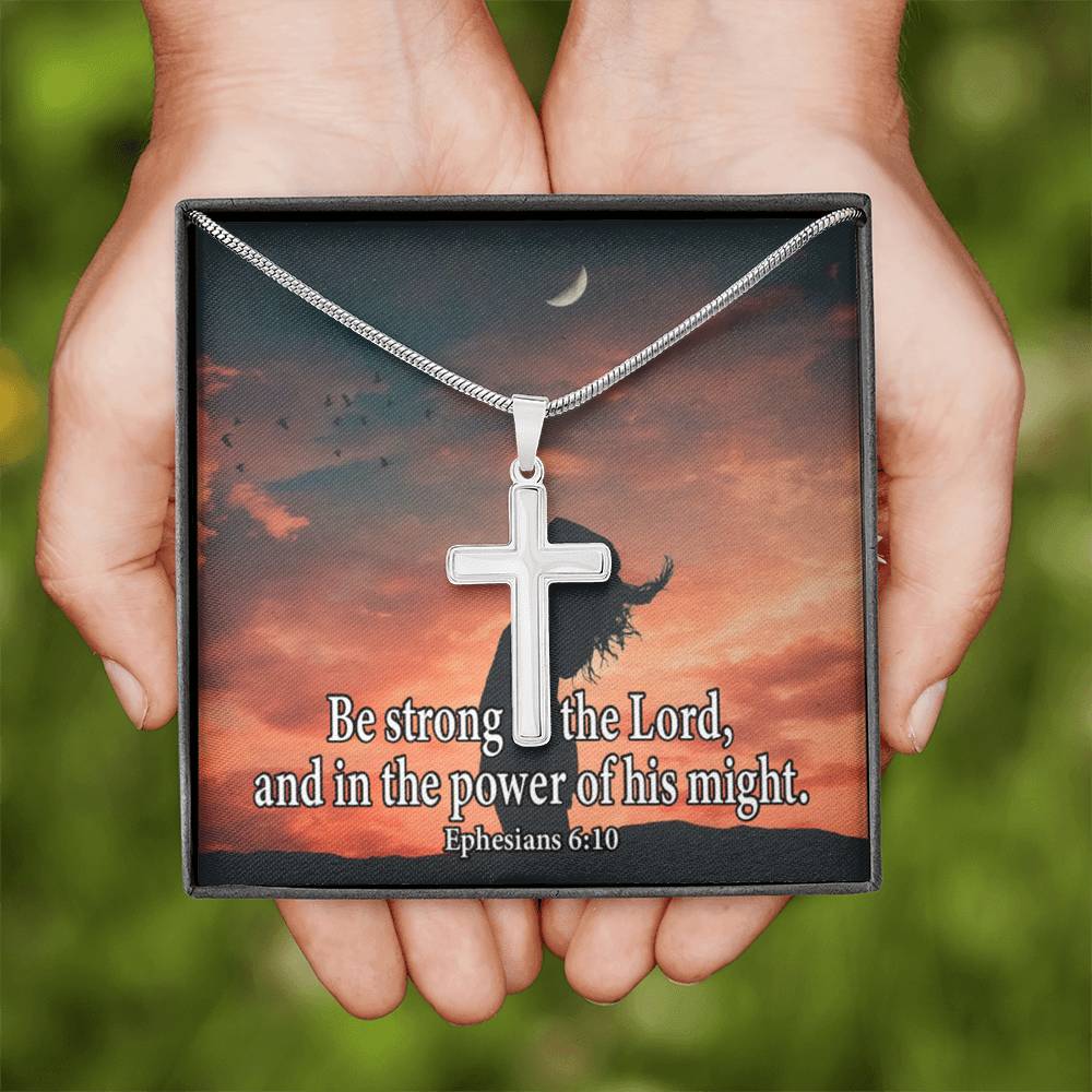 Scripture Card Be Strong In The Lord Ephesians 6:10 Cross Card Necklace w Stainless Steel Pendant-Express Your Love Gifts