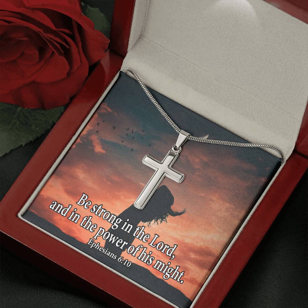 Scripture Card Be Strong In The Lord Ephesians 6:10 Cross Card Necklace w Stainless Steel Pendant-Express Your Love Gifts