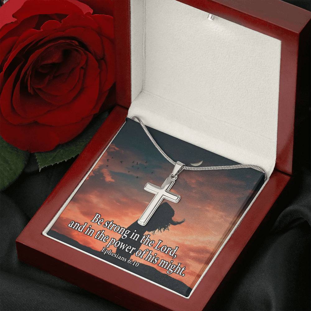 Scripture Card Be Strong In The Lord Ephesians 6:10 Cross Card Necklace w Stainless Steel Pendant-Express Your Love Gifts