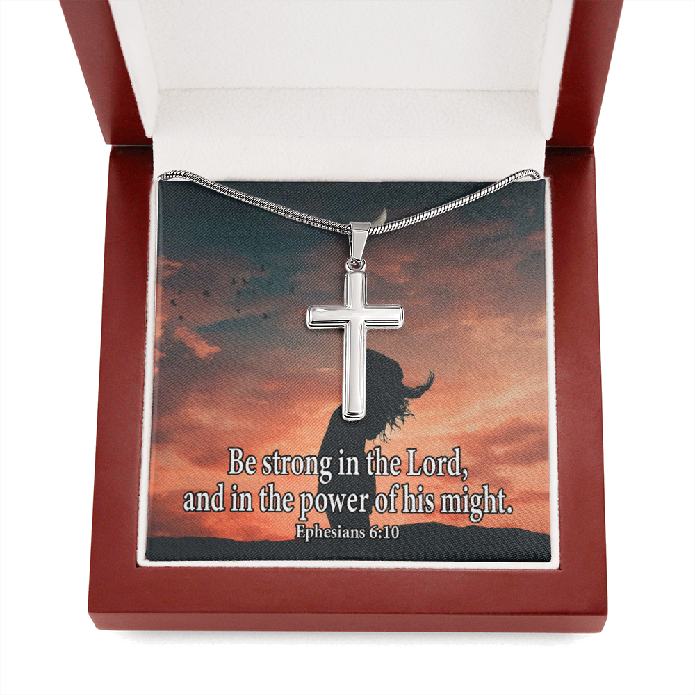 Scripture Card Be Strong In The Lord Ephesians 6:10 Cross Card Necklace w Stainless Steel Pendant-Express Your Love Gifts