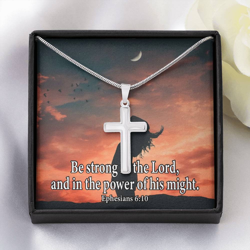 Scripture Card Be Strong In The Lord Ephesians 6:10 Cross Card Necklace w Stainless Steel Pendant-Express Your Love Gifts