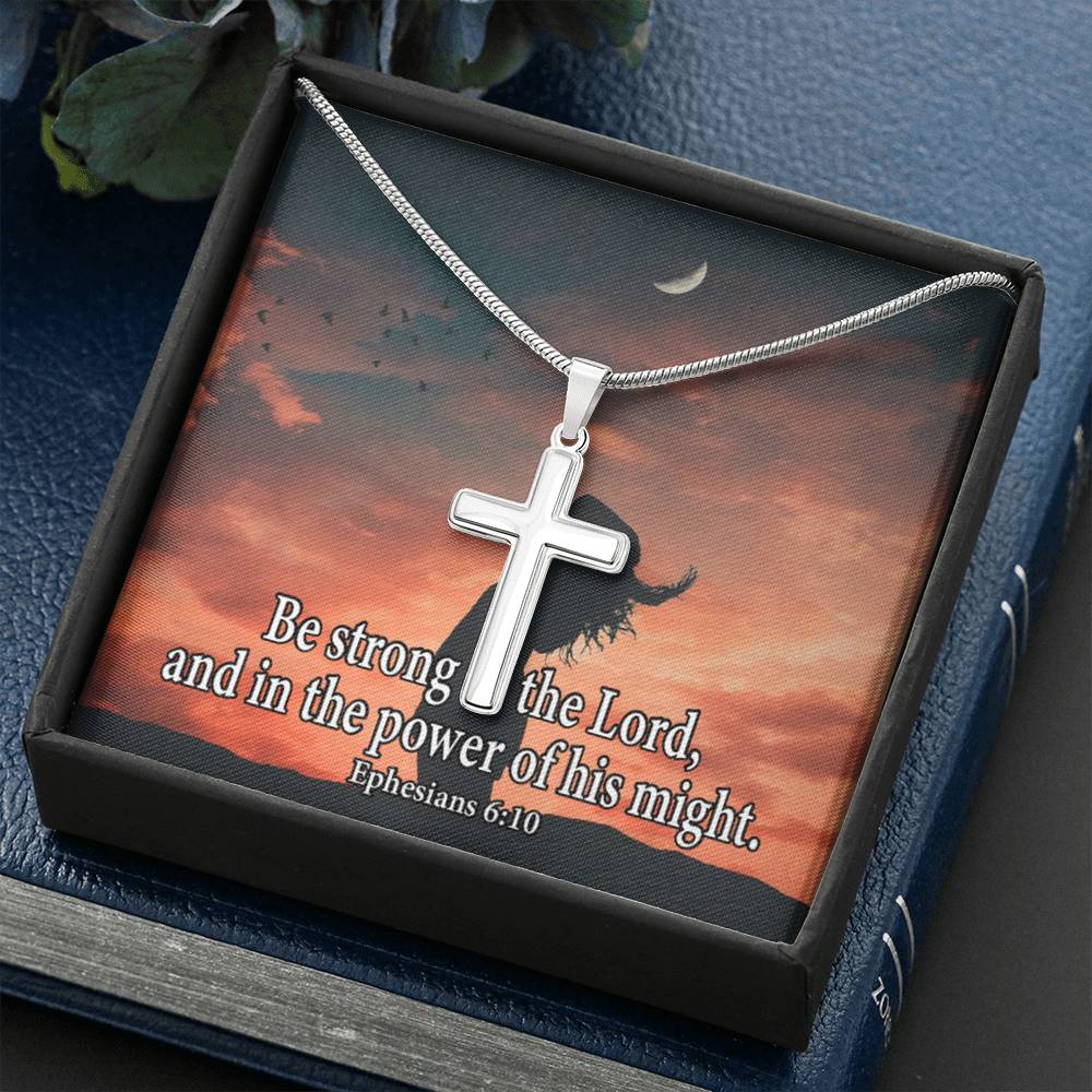 Scripture Card Be Strong In The Lord Ephesians 6:10 Cross Card Necklace w Stainless Steel Pendant-Express Your Love Gifts