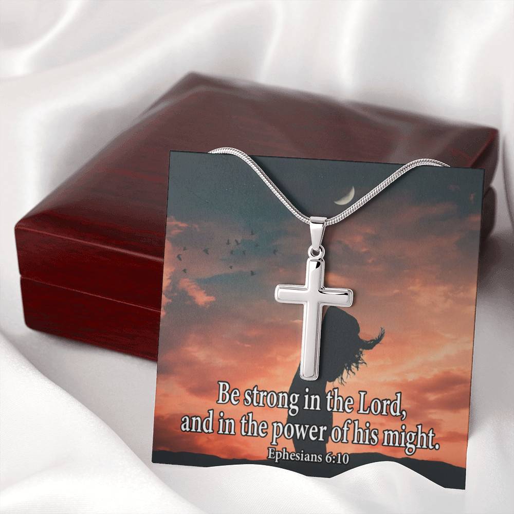 Scripture Card Be Strong In The Lord Ephesians 6:10 Cross Card Necklace w Stainless Steel Pendant-Express Your Love Gifts