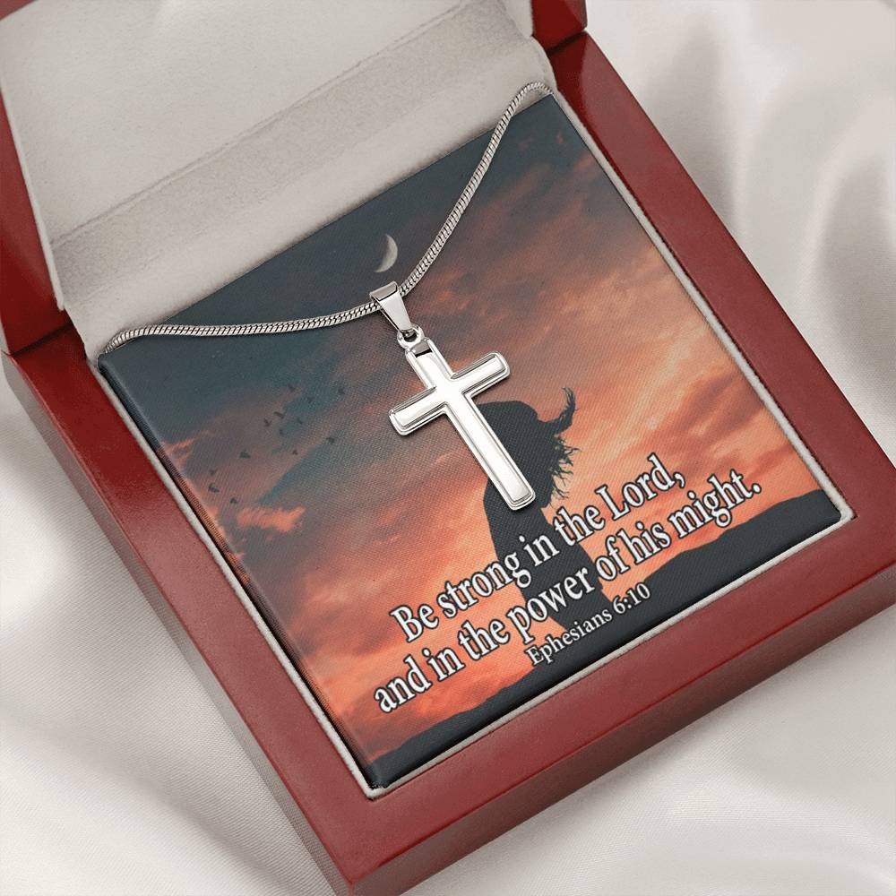 Scripture Card Be Strong In The Lord Ephesians 6:10 Cross Card Necklace w Stainless Steel Pendant-Express Your Love Gifts