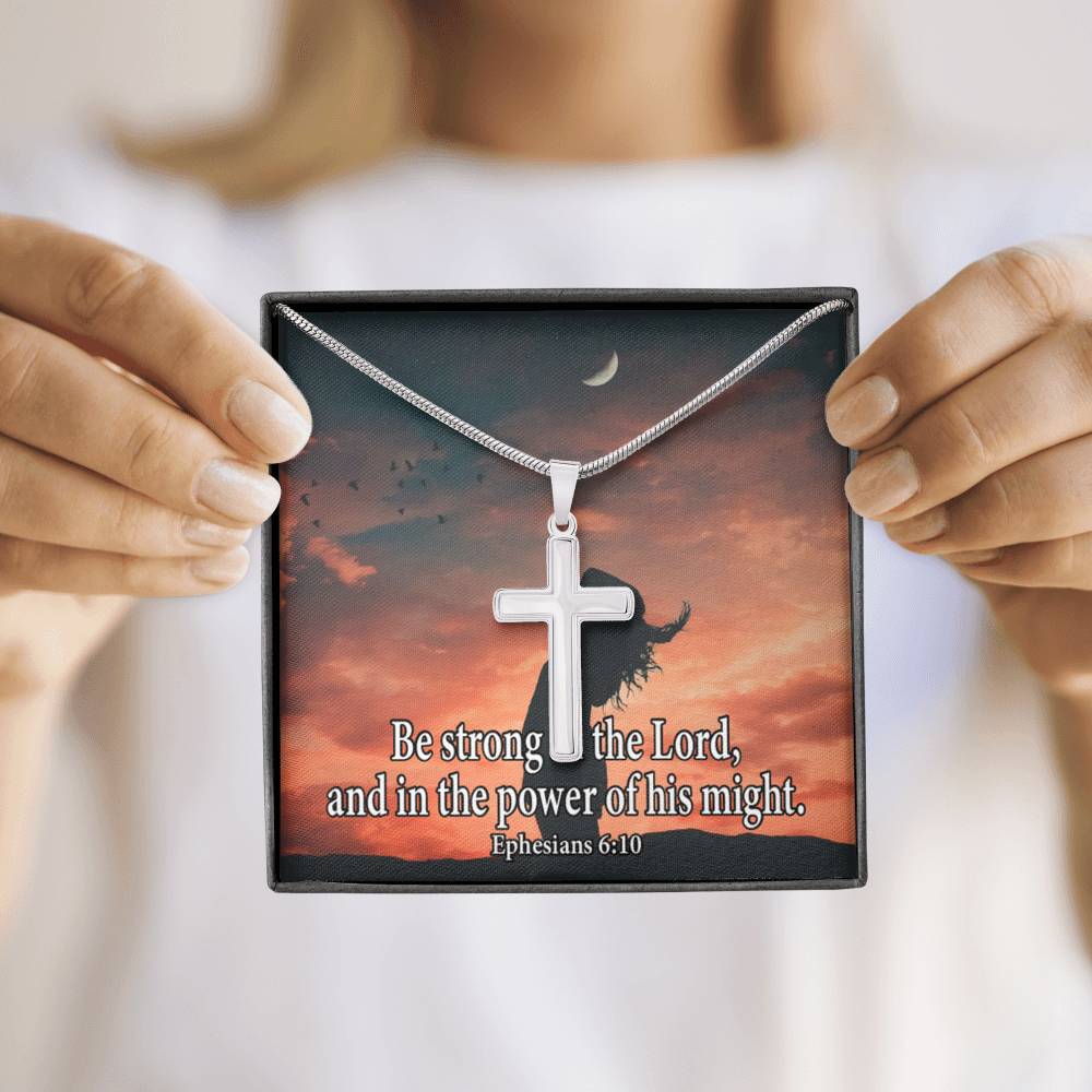 Scripture Card Be Strong In The Lord Ephesians 6:10 Cross Card Necklace w Stainless Steel Pendant-Express Your Love Gifts