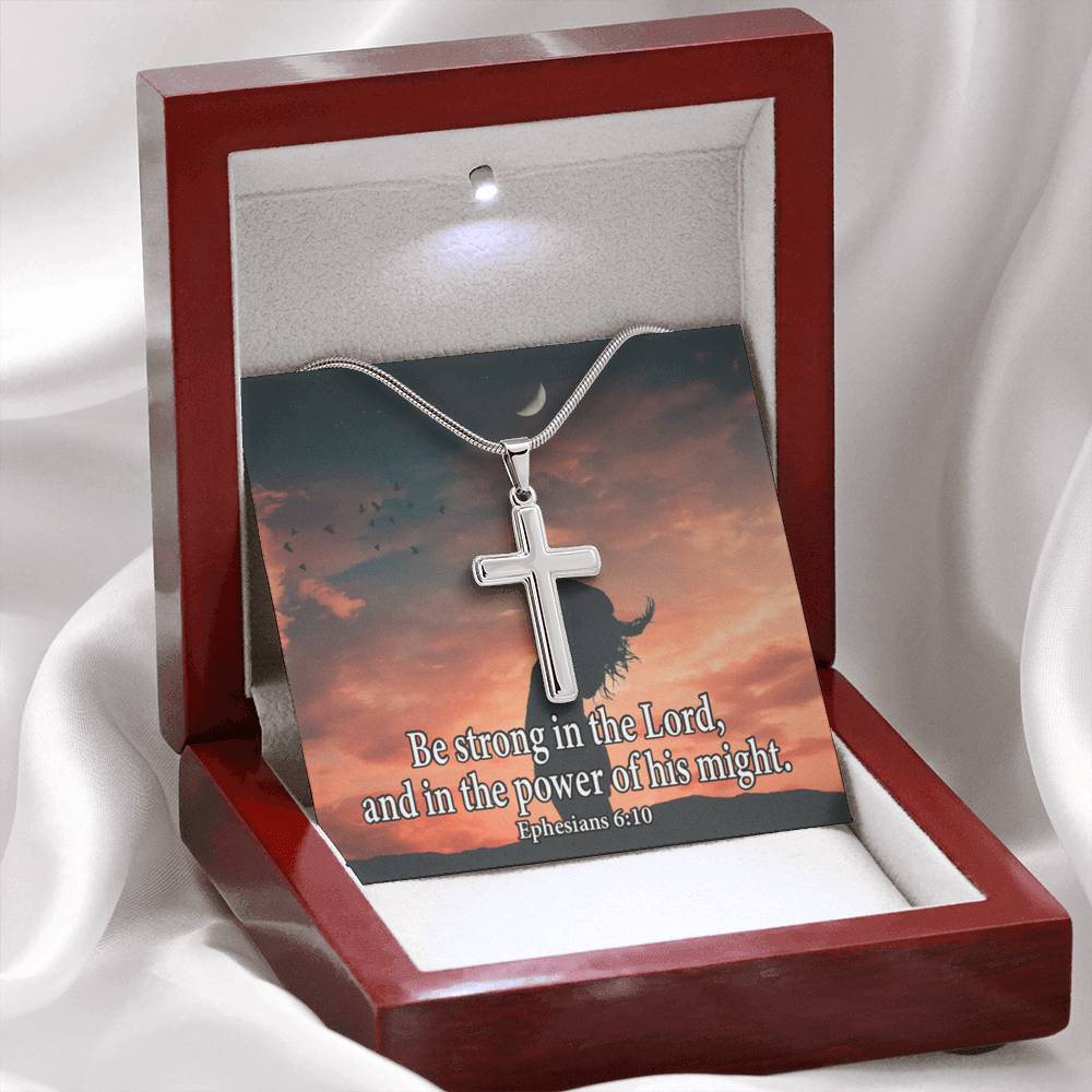 Scripture Card Be Strong In The Lord Ephesians 6:10 Cross Card Necklace w Stainless Steel Pendant-Express Your Love Gifts