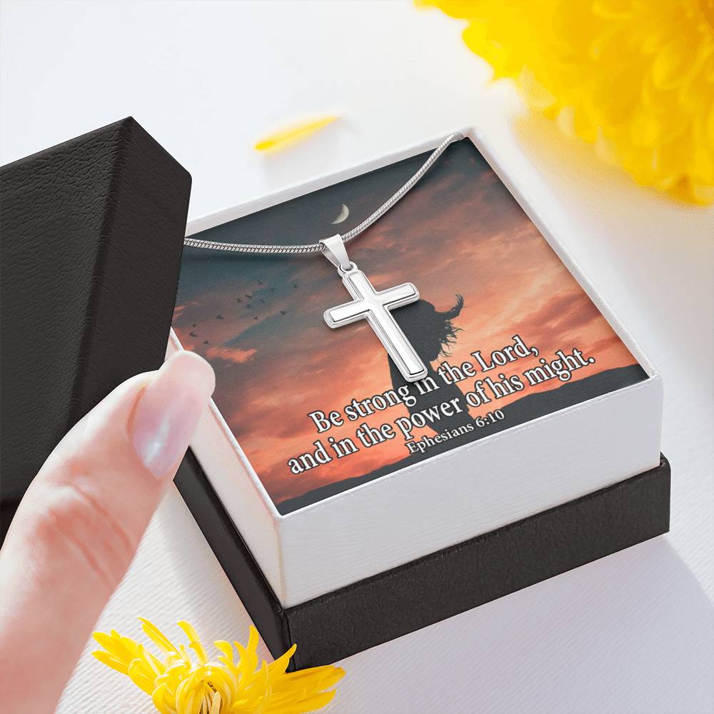 Scripture Card Be Strong In The Lord Ephesians 6:10 Cross Card Necklace w Stainless Steel Pendant-Express Your Love Gifts