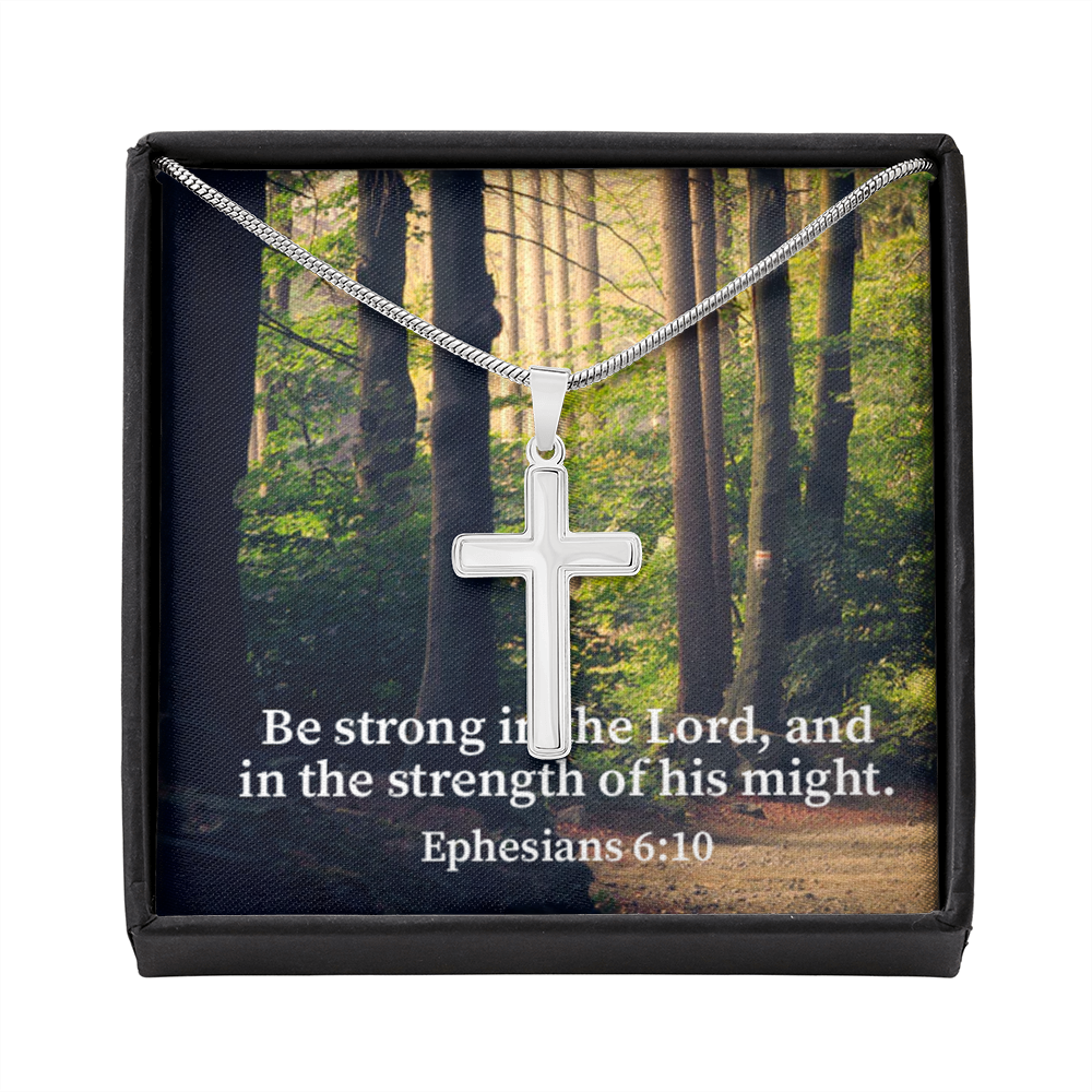 Scripture Card Be Strong In The Lord Ephesians 6:10 Cross Card Necklace w Stainless Steel Pendant Religious Gift-Express Your Love Gifts