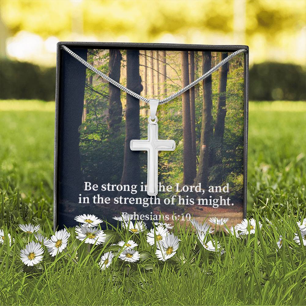Scripture Card Be Strong In The Lord Ephesians 6:10 Cross Card Necklace w Stainless Steel Pendant Religious Gift-Express Your Love Gifts