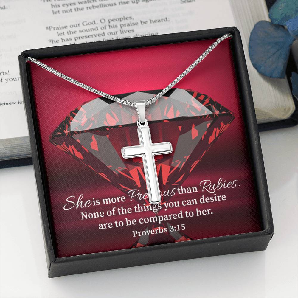 Scripture Card Better Than Rubies Proverbs 3:15 Cross Card Necklace w Stainless Steel Pendant Religious Gift-Express Your Love Gifts