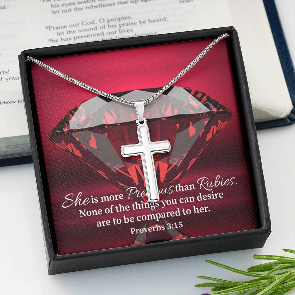 Scripture Card Better Than Rubies Proverbs 3:15 Cross Card Necklace w Stainless Steel Pendant Religious Gift-Express Your Love Gifts