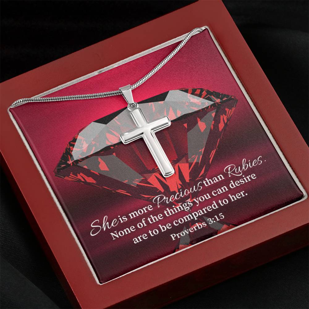 Scripture Card Better Than Rubies Proverbs 3:15 Cross Card Necklace w Stainless Steel Pendant Religious Gift-Express Your Love Gifts