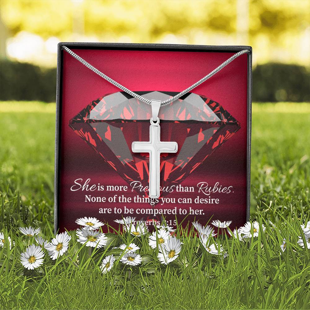 Scripture Card Better Than Rubies Proverbs 3:15 Cross Card Necklace w Stainless Steel Pendant Religious Gift-Express Your Love Gifts