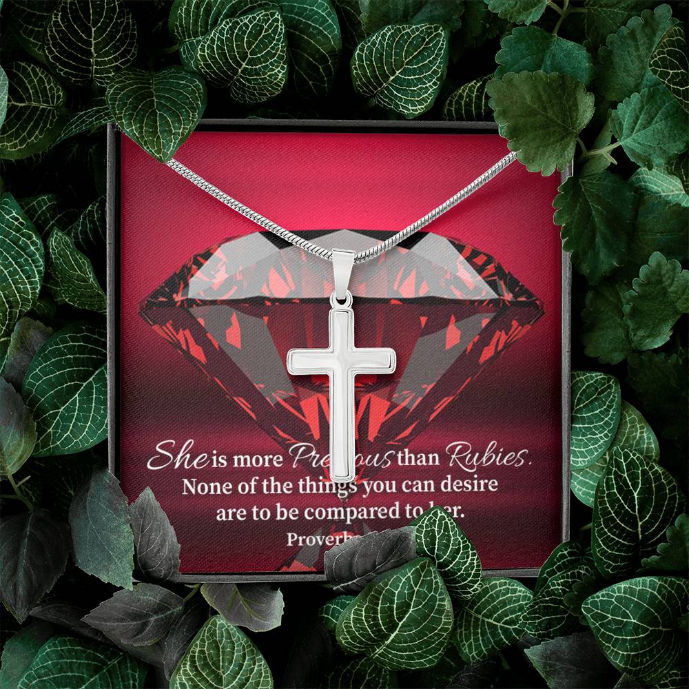 Scripture Card Better Than Rubies Proverbs 3:15 Cross Card Necklace w Stainless Steel Pendant Religious Gift-Express Your Love Gifts