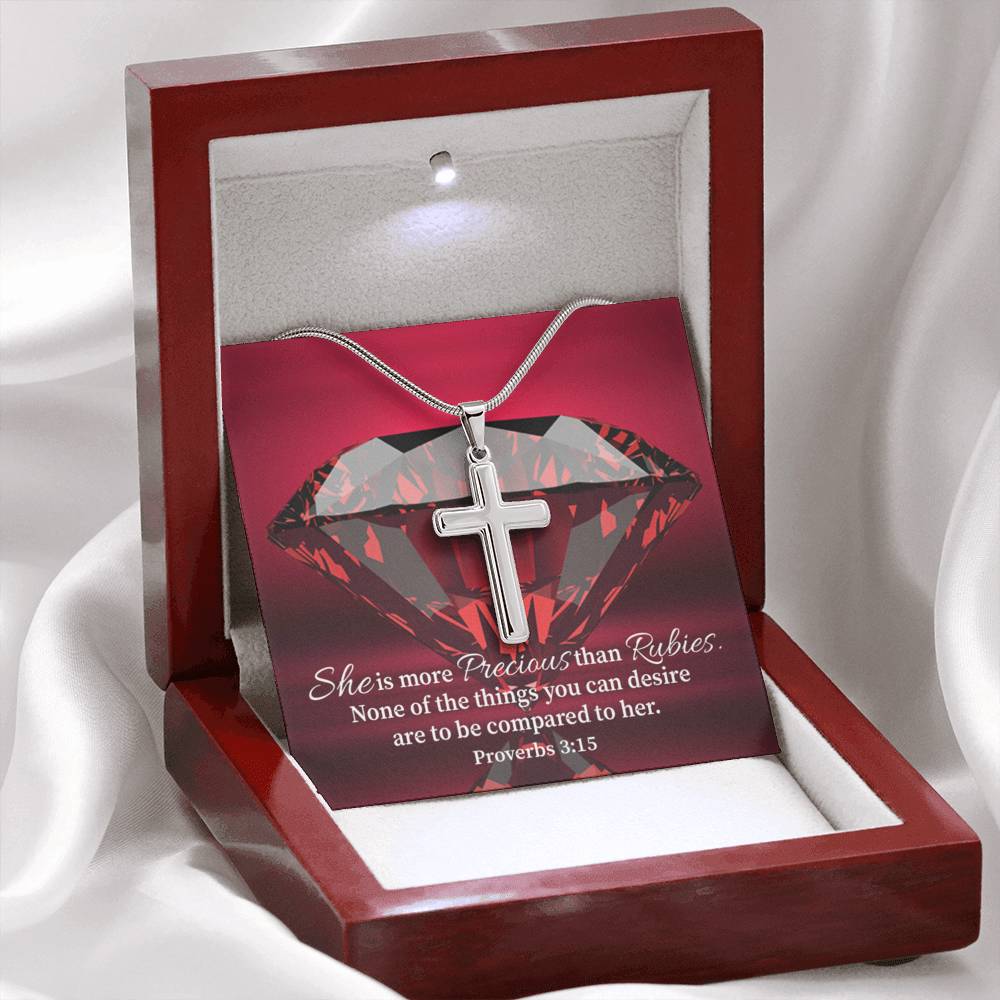 Scripture Card Better Than Rubies Proverbs 3:15 Cross Card Necklace w Stainless Steel Pendant Religious Gift-Express Your Love Gifts